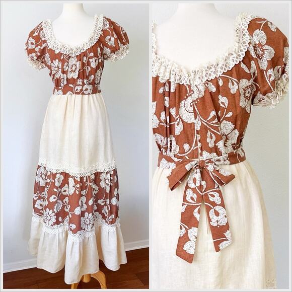 Vintage 70s Prairie Maxi Dress Peasant Gunne Sax Style Boho Brown // Size Medium - Picture 1 of 9